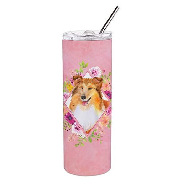 Sheltie Shetland Sheepdog Pink Flowers Stainless Steel 20 oz Skinny Tumbler - Picture 3 of 4